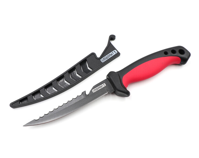 Нож разделочный Следопыт (филейный, прорезиненная ручка, 125мм, черный, в чехле) - изображение 1 