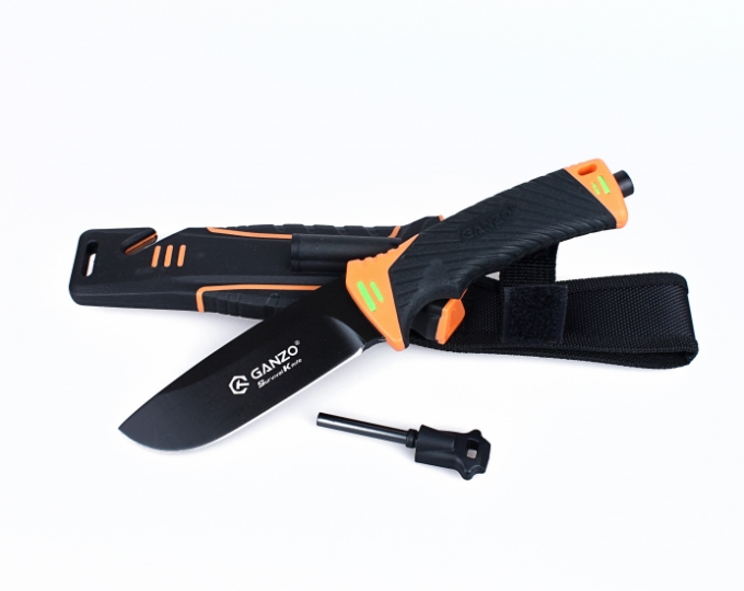 Нож «Ganzo» с точилкой и огнивом (клинок 115мм, сталь 7Cr17, цвет черно-оранжевый) - изображение 1